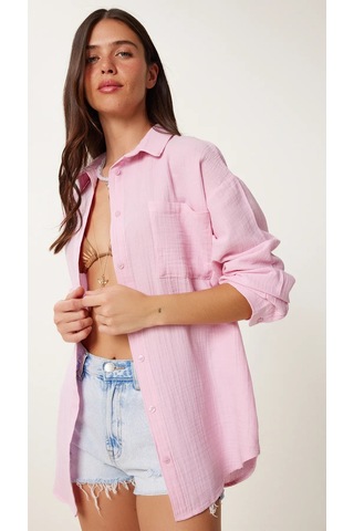 Kadın Oversize Basic Cepli Müslin Gömlek Pembe
