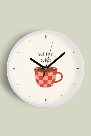 Modern Yazılı Tasarım - '' But First, Coffee '' Mutfak Duvar Saati - 42cm - Önü Camlı Beyaz Kasa Beyaz