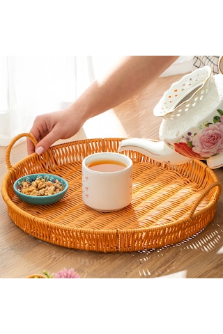 Porsima 710-d Yuvarlak 3'lü Hasır Tepsi Dekoratif Sunum Tepsisi