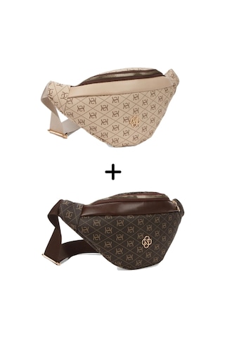 Newish Polo Kadın Desenli Çapraz Omuz Askılı Bel Ve Omuz Çantası 2 Adet New345- Bej - Kum