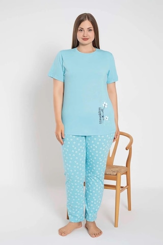 Senfoni Kadın Büyük Beden Bisiklet Yaka Kısa Kol Pamuklu Pijama Takımı 6083 -1 Adet Turkuaz