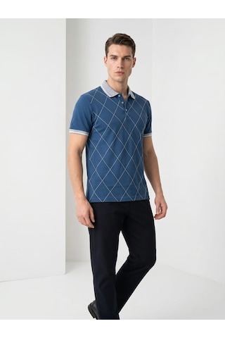 Giyim Dünyası Erkek Baklava Desenli Polo Yaka Tshirt Petrol Mavi