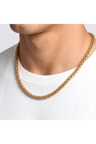 Premium Parlak Ve Şık Hasır Örgü Erkek Çelik Kolye 6mm 55cm 3183eck018 - Gold Renk Altın
