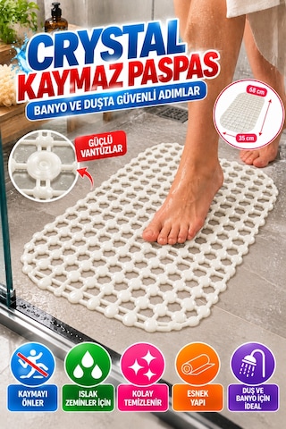 Crystal Kaymaz Vantuzlu Banyo Paspası Beyaz 68x35 Cm Islak Zemin Kaydırmaz Küvet Duşakabin Pvc Matı