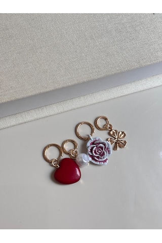 Gül, Kalp, Yonca Ve İnci Figürlü Altın Renk Charm Küpe 4 Lü Set Altın