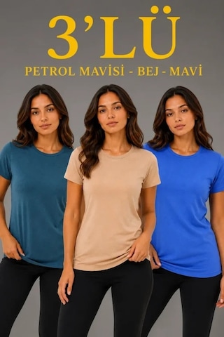DefyModa 3 Lü Kısa Kollu Bisiklet Yaka Basic Slim Fit T-shirt -petrol Mavisi - Bej - Mavi Çok Renkli