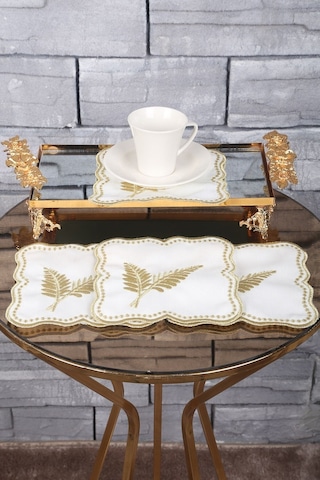 Palmiye Yaprak Gold Linen Keten Kumaş 6'lı Kahve Kokteyl Peçetesi