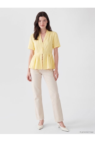 Lcw Comfort Sarı V Yaka %100 Pamuklu Peplum Bluz