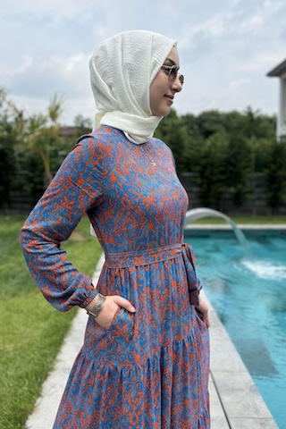 Rabia Şamlı Betül Turuncu Tesettür Elbise Çok Renkli