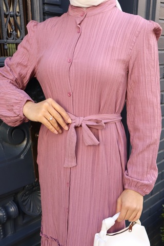 Kadın Gül Kurusu Boydan Düğmeli Eteği Piliseli Kuşaklı Lara Keten Uzun Tesettür Elbise Gül Kurusu