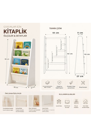 Montessori Çocuk Kitaplığı - Büyük Boy Ahşap Kitap Rafı - Yıkanabilir Paraşüt Kumaş Raflı - Çocuk Odası Kitap Düzenleyici Beyaz