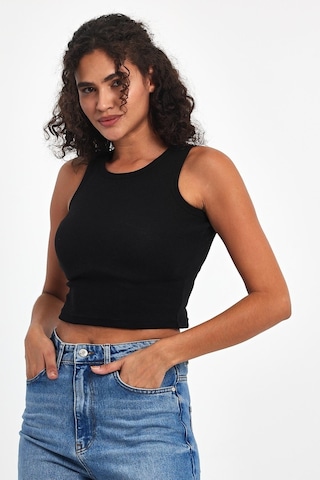 Comeor Kadın Siyah-gri-beyaz-lacivert Fitilli Görünümlü Askılı Kalın Esnek Örme 4'lü Basic Crop Atlet Bluz