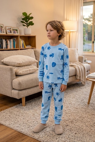 Zuzunga Deniz Temalı Mavi Renk %100 Pamuk Erkek Çocuk Pijama Takımı Bebe Mavi