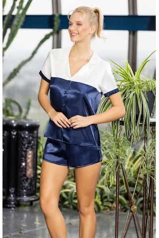 Kadın Lacivert Beyaz Kısa Kollu Saten Şortlu Pijama Takımı Rahat Ve Şık 2 Li Set