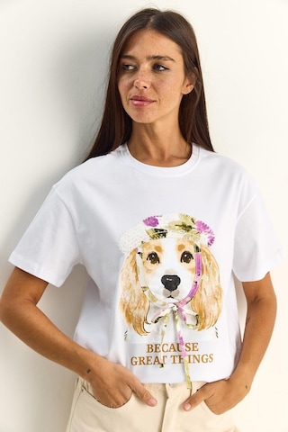 Shade Kadın Baskı Ve Payet Detaylı Fiyonklu Basic T-shirt 7643 60286115 - Beyaz