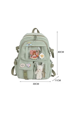 Geeksen Genç Kızlar İçin Şık Okul Çantası - Yeşil Renk, 40x30x11 Cm, Kawaii Tarzı Aksesuarlı Çok Renkli