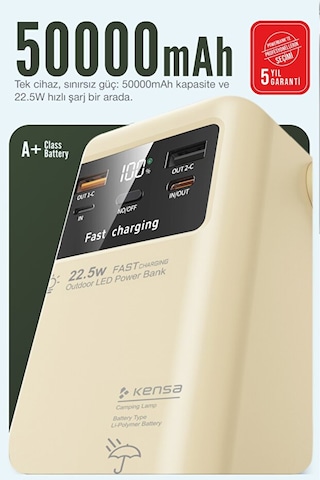 50.000 Mah Outdoor Led Işıklı Hızlı Şarj Powerbank Usb-c & Çoklu Cihaz Desteği Beyaz