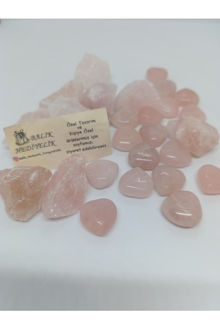 Pembe Kuvars İkili Biblo Set Kalp Şeklinde Ve İşlenmemiş Ham Hali-1001/balık Hediyelik 02