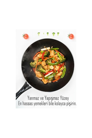 Bonetti Granit Siyah Wok Tava 28 Cm Yapışmaz Yüzey Siyah