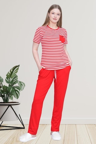 Mecit Pijama Mecit 6202 Kırmızı Çizgili Büyük Beden Kadın Pijama Takımı Kırmızı