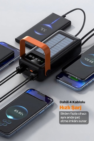 Powerbank 80.000 Mah Güneş Enerjili Solar Dijital Göstergeli El Fenerli Taşınabilir Batarya Siyah