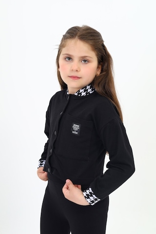 Toontoy Kız Çocuk Kolej Yaka Çıtçıt Kapama Baskılı Renk Bloklu Örme Hırka - 2 İplik Şardonlu Siyah