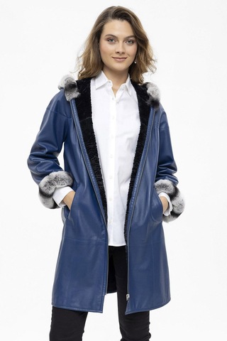 Mavi Hillary Geniş Kesim İçi Kumaş Çift Taraflı Kapüşon Ve Kol Ağzı Kürklü Kadın Hakiki Deri Kaban-mavi Mavi