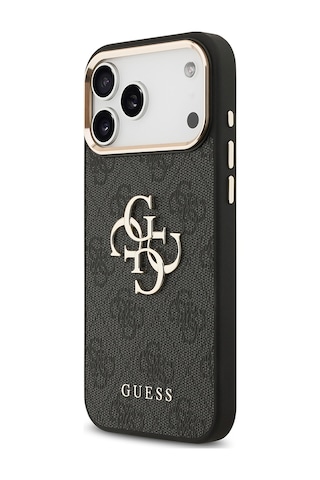 Apple Uyumlu iPhone 17 Pro Max Kılıf Guess Lisanslı Gold Metal Kamera Çerçeveli Metal Büyük 4g Yazı Logolu Siyah