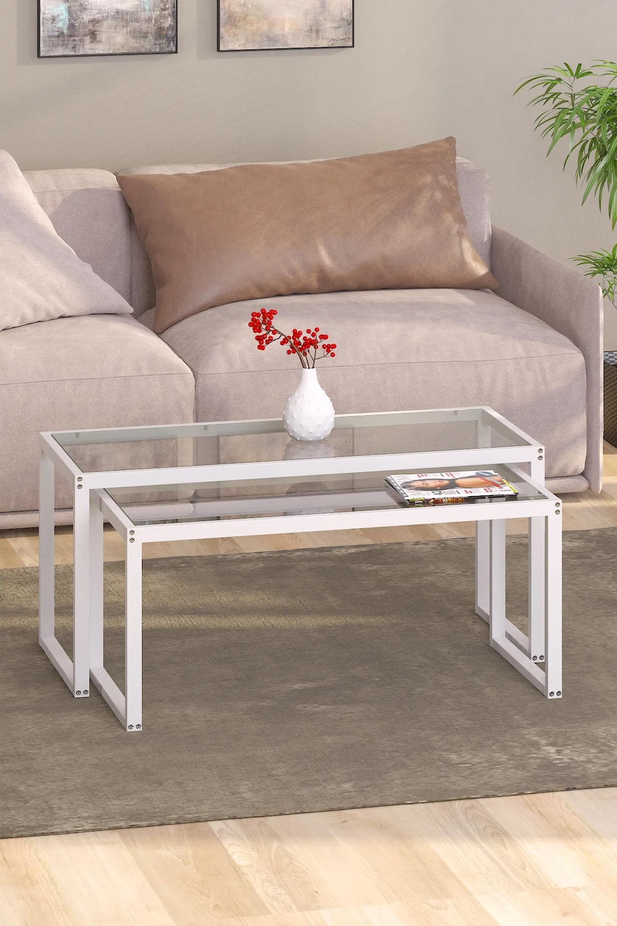 Modern 2 Li Metal Iskeletli Temper Camlı Zigon Orta Sehpa Beyaz-şeffaf