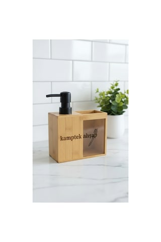 Bambu İkili Banyo Seti - Sıvı Sabunluk & Diş Fırçalık Bambu Banyo Lavabo Organizer Krem