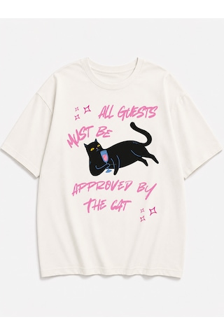 Montree Kedi Guests Baskılı Oversize %100 Pamuk Premium T-shirt Beyaz