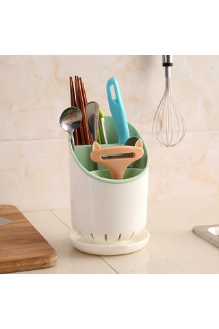 Sones Yaratıcı Çok Fonksiyonlu Çift Drenaj Rafı Mutfak Çubukları Saklama Kovası Sofra Takımı Saklama Kutusu, Renk:yeşil