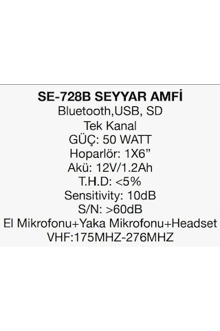 Fav Se-728-bt-usb Tek Kanal 1 El 1 Yaka+kafa Seçeneği 50 Watt Şarjlı Seyyar Anfi