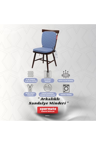 Pötikare Sırtlıklı Sandalye Minderi 42x42 Fermuarlı Yıkanabilir Kılıf Bağcıklı Minder Standart Fit Mavi