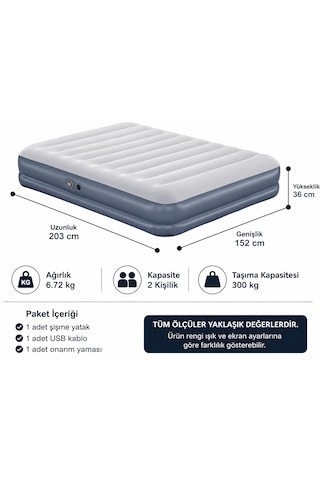 Çift Kişilik Şişme Yatak 203x152x36 Cm Usb Şarjlı Dahili Pompalı Hava Yatağı 300 Kg Taşıma Kapasiteli Gri