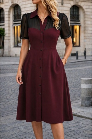 Butik İstanbul Kadın Kısa Kollu Yakalı Önden Düğmeli Midi Ithal Krep Elbise Bordo