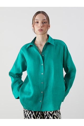 Lcw Vision Yeşil Oversize %100 Keten Kadın Gömlek