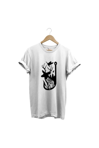 Avcılık Hunter Outdoor Geyik Balık Çulluk Baskılı %100 Pamuk Regular Fit Beyaz T-shirt Beyaz
