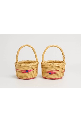 Mini El Yapımı Hasır Sepet 2 Li Dekoratif Süs Sepeti Seti Bej - Sarı