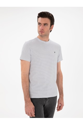 Siyah Slim Fit Bisiklet Yaka Çizgili T-shirt Beyaz