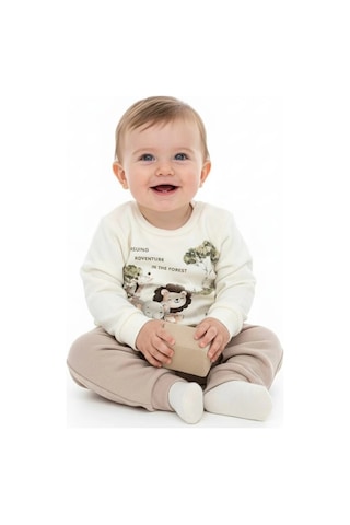Erkek Bebek Orman Hayvanları Baskılı Alt Üst İkili Gündelik Takım Bej