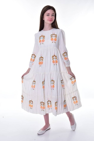 Kız Çocuk Pamuklu Keten Uzun Boydan Astarlı Elbise Açık Turuncu-krem