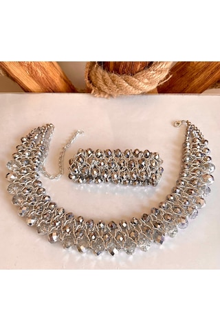 Gümüş Kristal Taşlı Türk El Yapımı Gerdanlık Kolye Ve Bilezik Set Gümüş