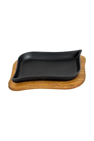 Lava Döküm Dikdörtgen Servis Tabağı Ve Ahşap Altlığı. Ölçü 13x19cm.