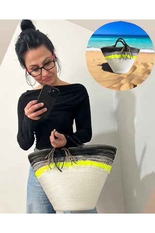 Hasır Çanta, Plaj Çantası, Tasarım Çanta, Siyah Neon Şeritli El Çantası Ekru