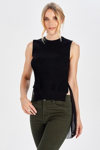 Peraluna Arkası Şifonlu Önü Kısa Siyah Kadın Triko Bluz-Siyah