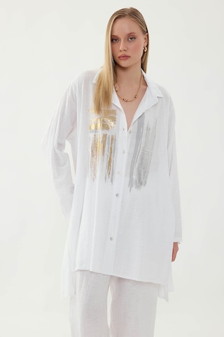 Vitrin Oversize Baskılı Keten Gömlek Altın