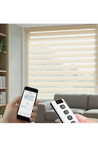 Akıllı Motorlu Zebra Perde, Zaman Ayarlı, Kumandalı, Telefon Ve Sesle Kontrol, Tuya Uyumlu Ekru