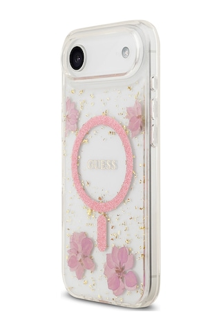 Apple Uyumlu iPhone 17 Air Kılıf Guess Lisanslı M-safe Şarj Özellikli Transparan Resin Flowers Kapak Pembe Pembe