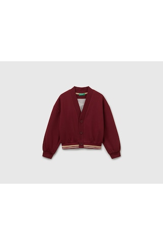 Benetton Kız Çocuk Bordo Payet İşlemeli Ucu Çizgili Sweatshirt Hırka Bordo